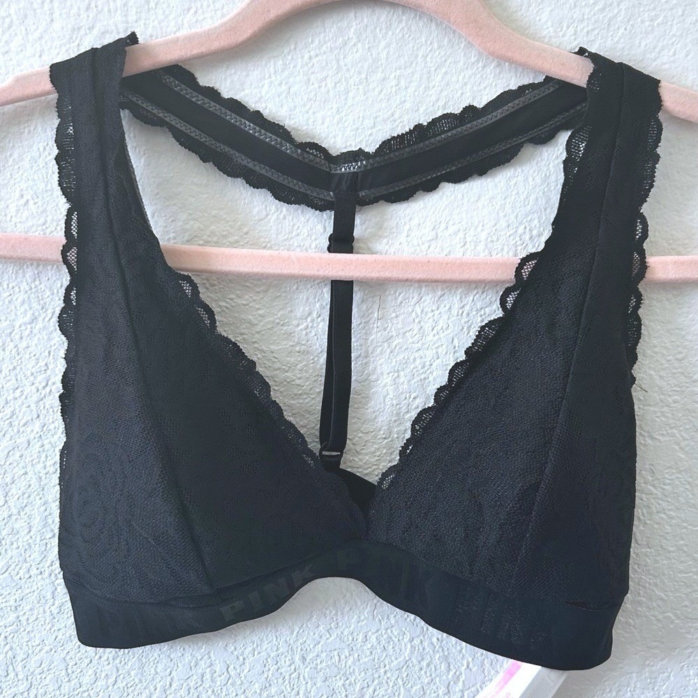 Victoria's Secret PINK Black Lace Bralette T-Strap Racerback Logo Band Medium‎
